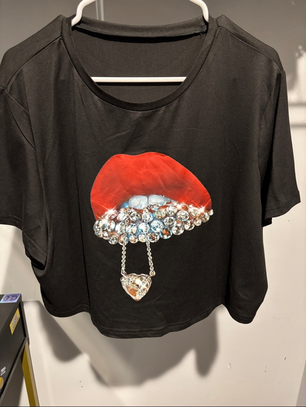 Black Tee with Red Lip and Crystal Pendant Graphic